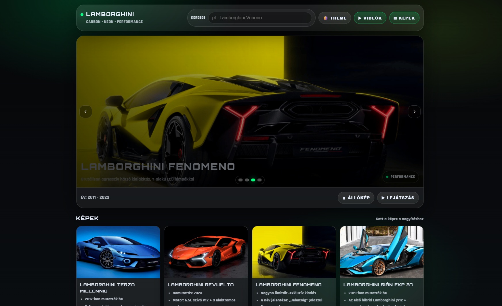Lamborghini bemutató weboldal előnézet